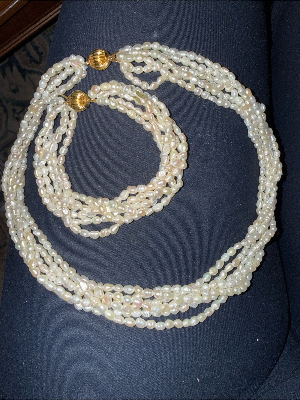 ART DECO REVIVAL 14K YELLOW GOLD BEADED MULTI LAYER FRESH WATER PEARL SET